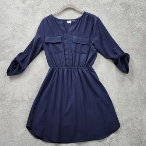 Monteau Dress Womens Small Dark Navy Blue Pockets Button Sleeves Summer
